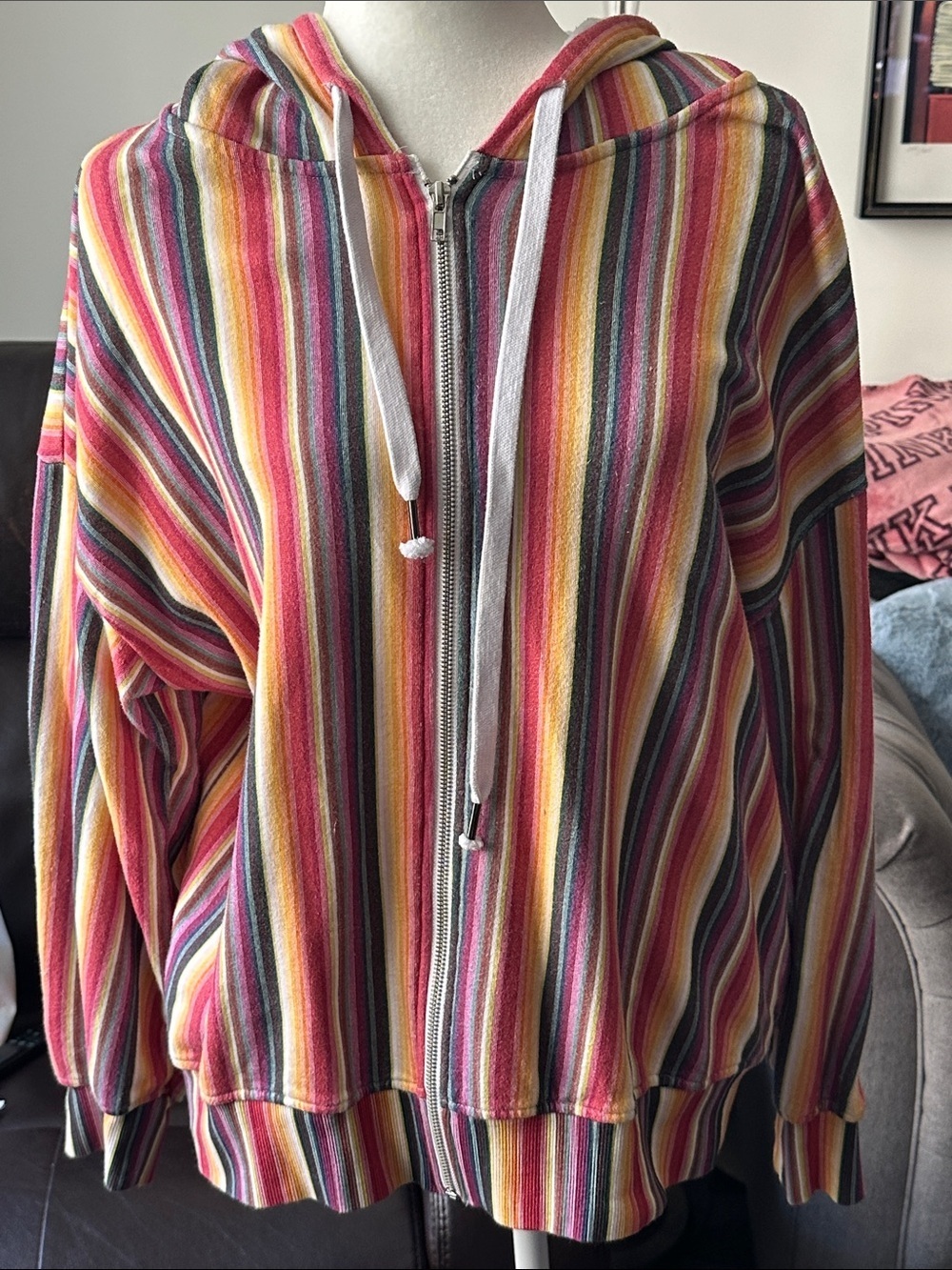ChaSor Striped Multicolor Zip-Up Hoodie - Pink, Yellow, Green, Blue, Gray